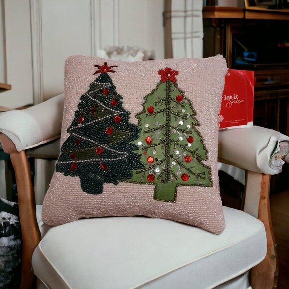 White Beaded Green Decorated Christmas Trees Festive Holiday Pillow 12x12 - Picture 1 of 16